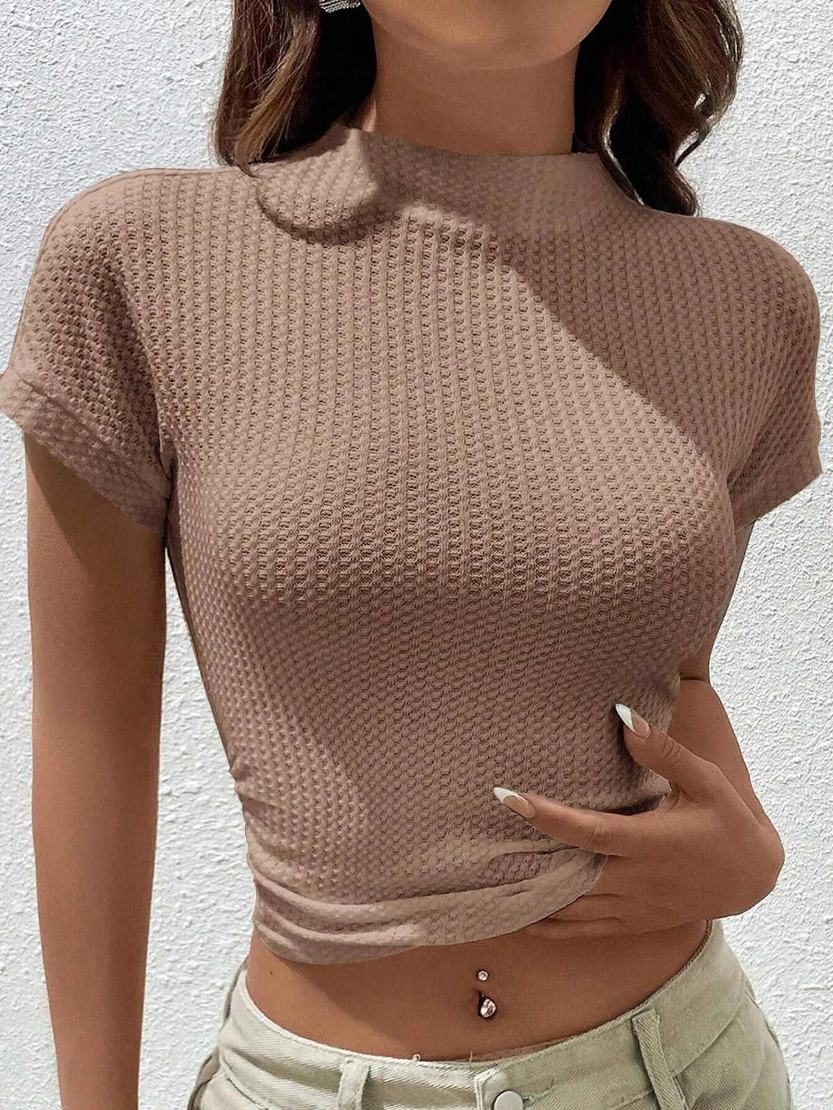 EZwear Solid Mock Neck Crop Tee