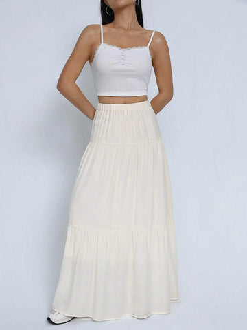 EZwear Solid Ruffle Hem Maxi Skirt