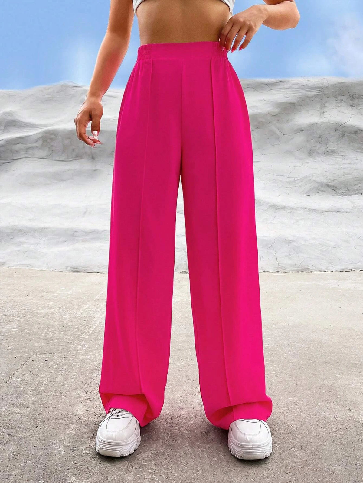 Solid High Waist Straight Leg Pants