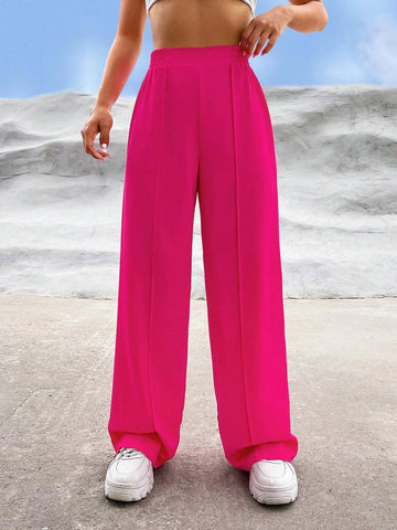 Solid High Waist Straight Leg Pants
