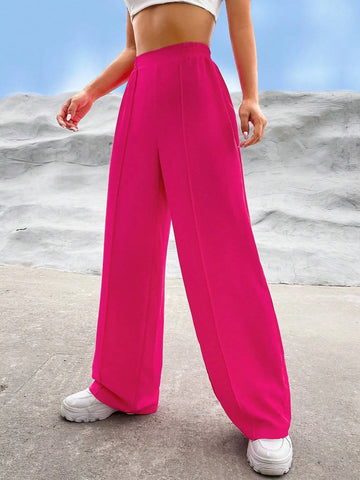 Solid High Waist Straight Leg Pants