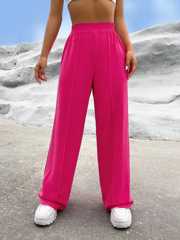Solid High Waist Straight Leg Pants