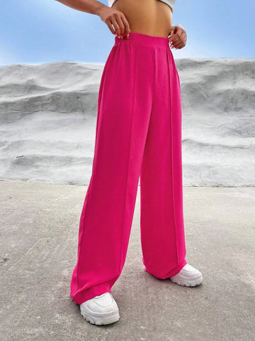 Solid High Waist Straight Leg Pants