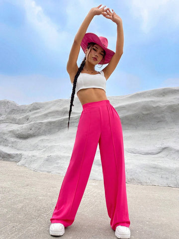 Solid High Waist Straight Leg Pants