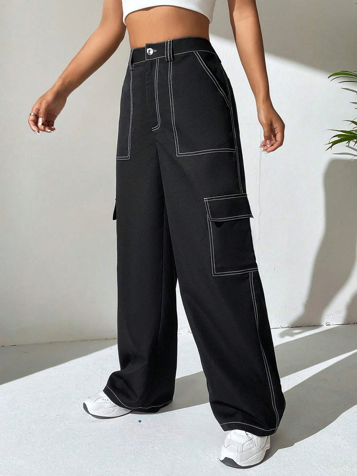 EZwear Top-stitching Flap Pocket Side Cargo Pants