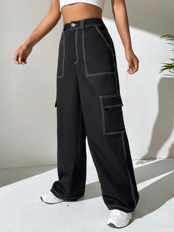 EZwear Top-stitching Flap Pocket Side Cargo Pants