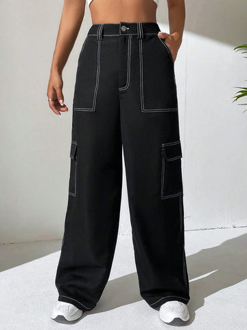 EZwear Top-stitching Flap Pocket Side Cargo Pants