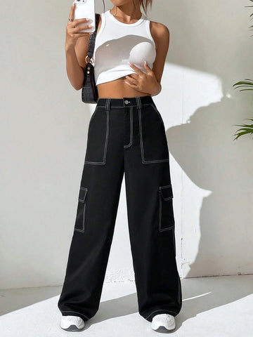 EZwear Top-stitching Flap Pocket Side Cargo Pants