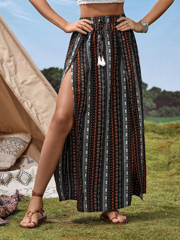 VCAY Geo Print Tassel Tie Waist Split Thigh Skirt
