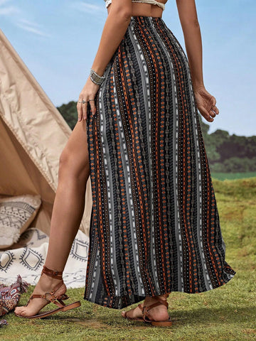 VCAY Geo Print Tassel Tie Waist Split Thigh Skirt