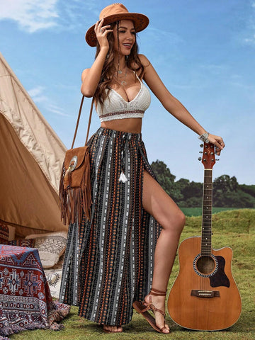 VCAY Geo Print Tassel Tie Waist Split Thigh Skirt