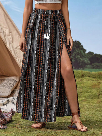 VCAY Geo Print Tassel Tie Waist Split Thigh Skirt