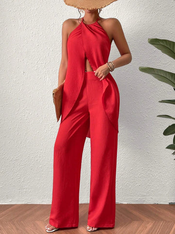 Solid Split Front Halter Top & Wide Leg Pants