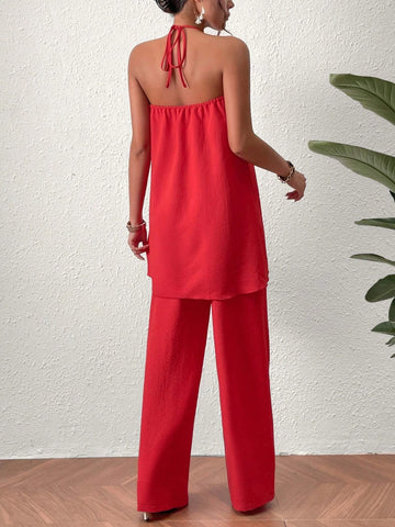 Solid Split Front Halter Top & Wide Leg Pants