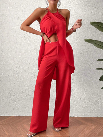 Solid Split Front Halter Top & Wide Leg Pants