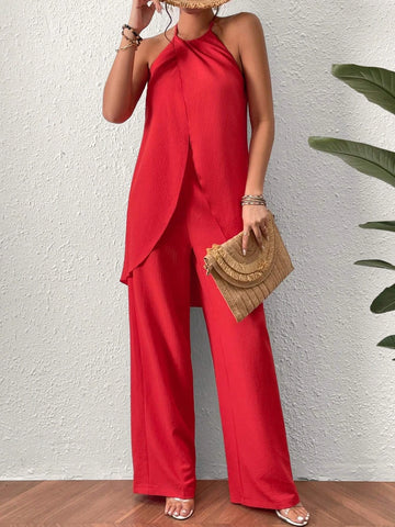 Solid Split Front Halter Top & Wide Leg Pants