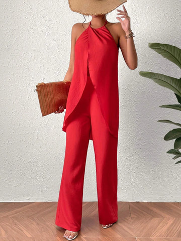 Solid Split Front Halter Top & Wide Leg Pants