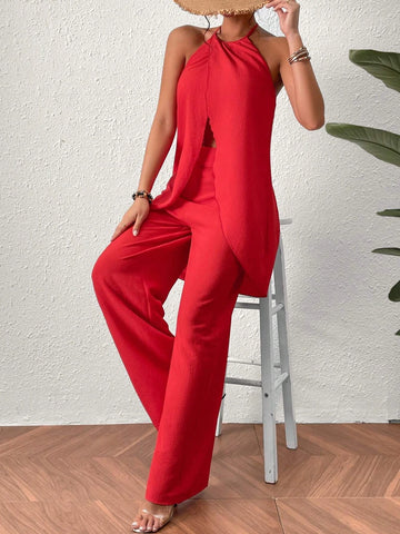 Solid Split Front Halter Top & Wide Leg Pants