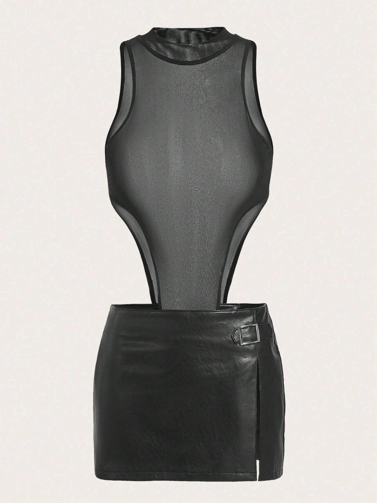 Solid Sheer Bodysuit & Split Thigh Skirt Without Bra