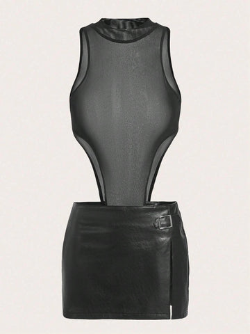 Solid Sheer Bodysuit & Split Thigh Skirt Without Bra