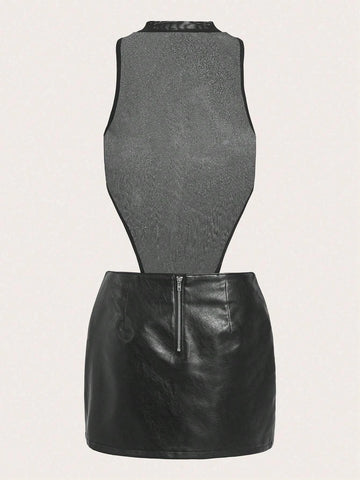 Solid Sheer Bodysuit & Split Thigh Skirt Without Bra