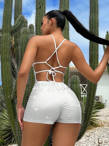 Sequin Decor Criss Cross Backless Cami Romper