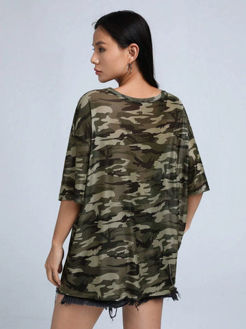 Camo Print Drop Shoulder Tee