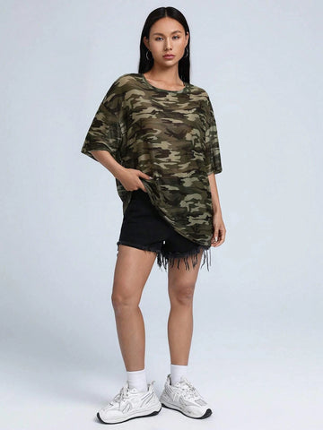 Camo Print Drop Shoulder Tee