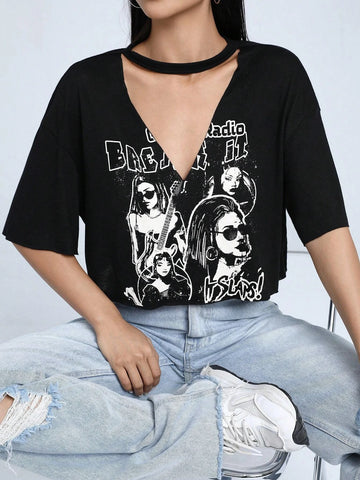 EZwear Figure & Letter Graphic Choker Neck Drop Shoulder Tee