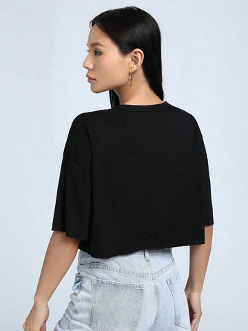 EZwear Figure & Letter Graphic Choker Neck Drop Shoulder Tee