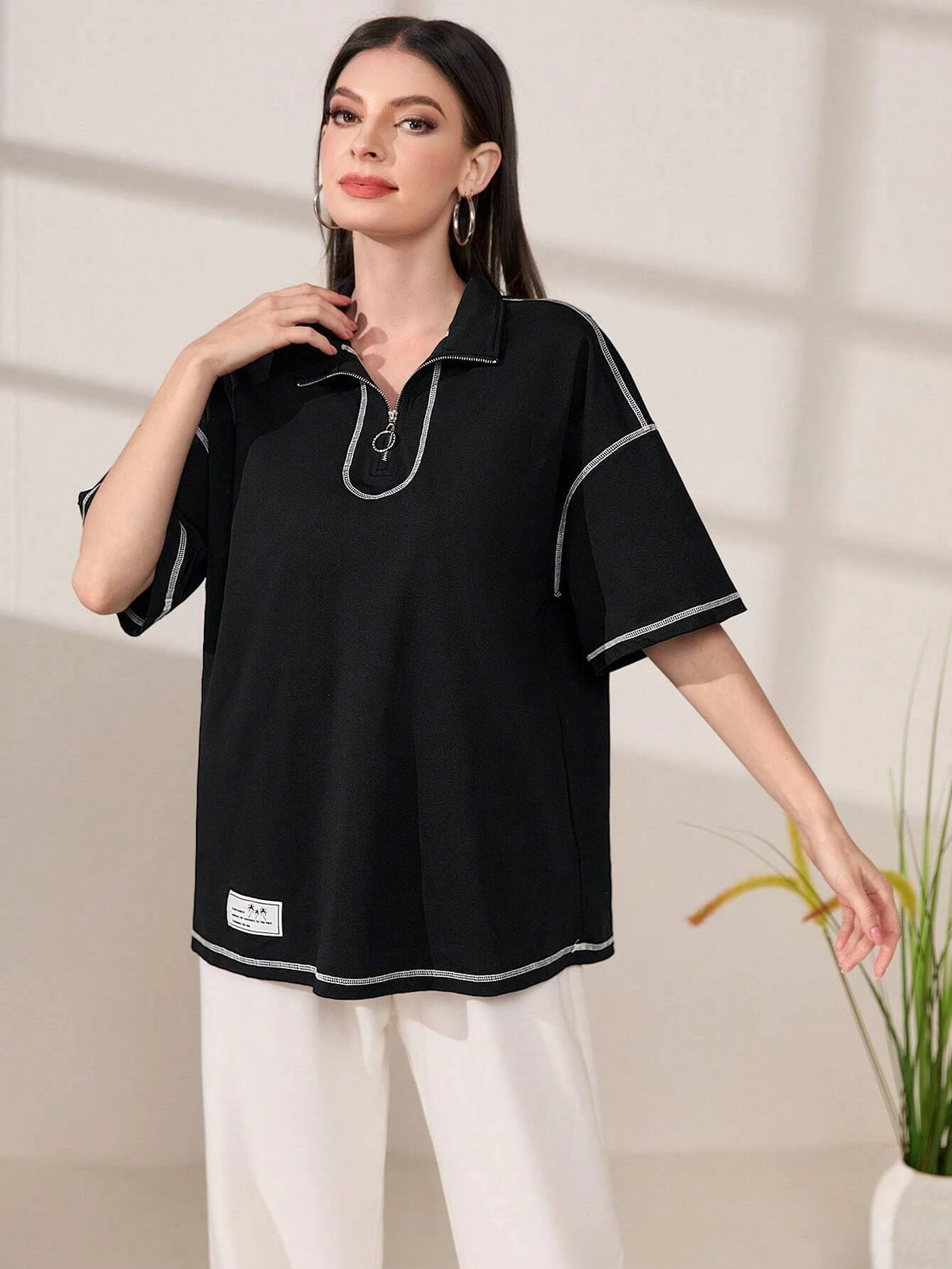 Mulvari Letter Patched Detail Contrast Piping Drop Shoulder Tee