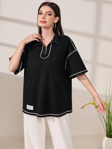 Mulvari Letter Patched Detail Contrast Piping Drop Shoulder Tee