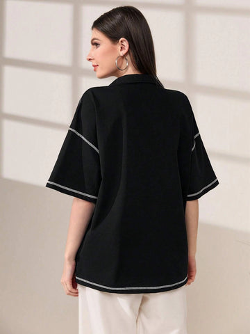 Mulvari Letter Patched Detail Contrast Piping Drop Shoulder Tee