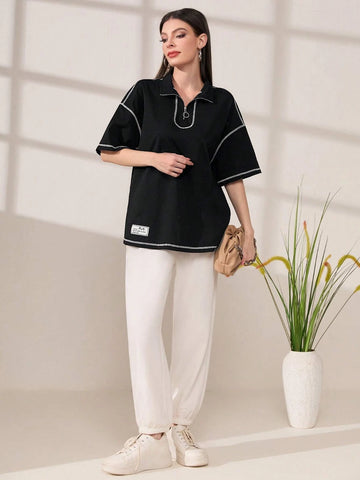 Mulvari Letter Patched Detail Contrast Piping Drop Shoulder Tee