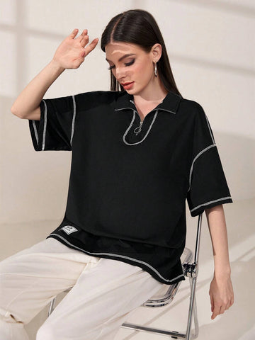 Mulvari Letter Patched Detail Contrast Piping Drop Shoulder Tee