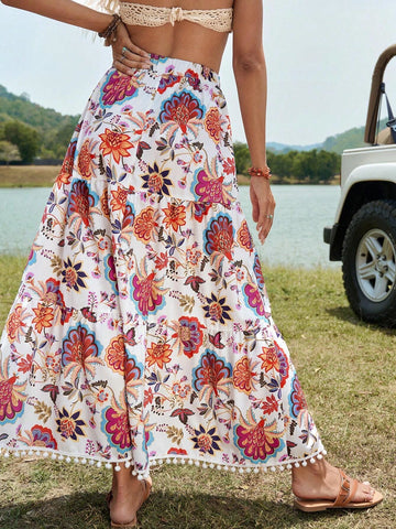 VCAY Floral Print Pom Pom Trim Ruffle Hem Skirt