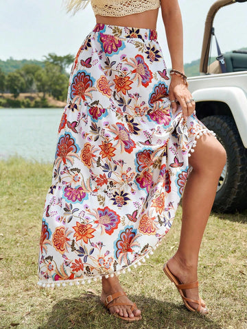 VCAY Floral Print Pom Pom Trim Ruffle Hem Skirt