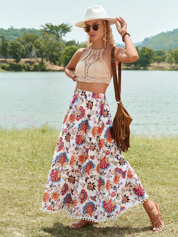 VCAY Floral Print Pom Pom Trim Ruffle Hem Skirt