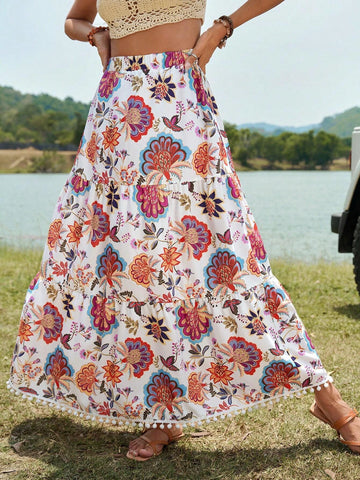 VCAY Floral Print Pom Pom Trim Ruffle Hem Skirt