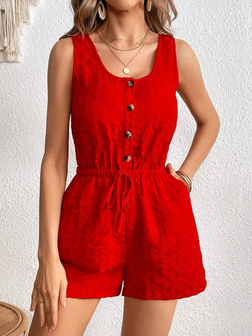 Button Front Knot Waist Romper