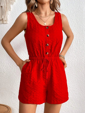 Button Front Knot Waist Romper