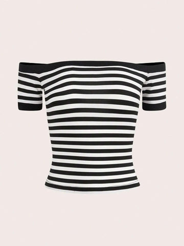 EZwear Striped Print Off Shoulder Tee