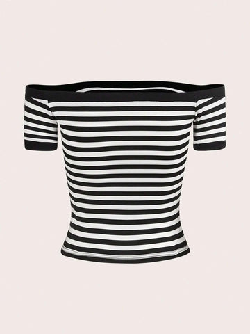 EZwear Striped Print Off Shoulder Tee