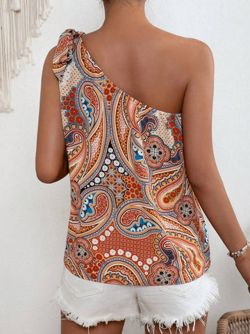 VCAY Paisley Print One Shoulder Knot Detail Blouse