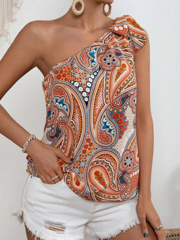 VCAY Paisley Print One Shoulder Knot Detail Blouse