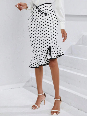 Unity Polka Dot Contrast Binding Knot Side Ruffle Hem Skirt