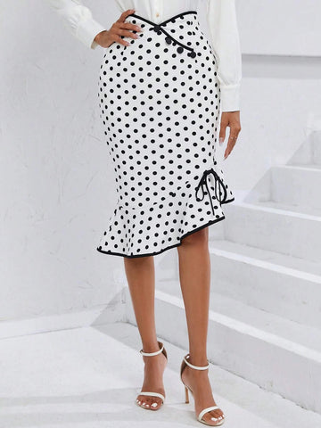 Unity Polka Dot Contrast Binding Knot Side Ruffle Hem Skirt