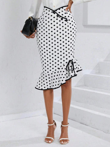 Unity Polka Dot Contrast Binding Knot Side Ruffle Hem Skirt