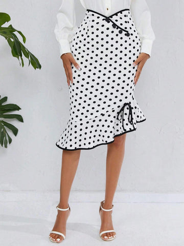 Unity Polka Dot Contrast Binding Knot Side Ruffle Hem Skirt