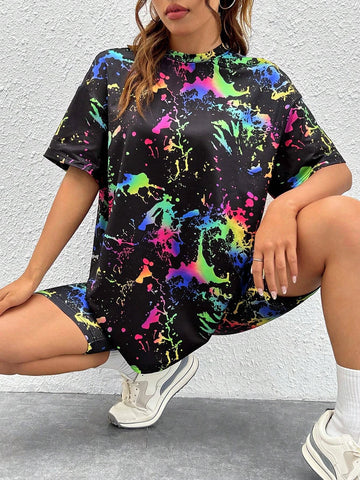 Splash Ink Print Drop Shoulder Tee & Shorts